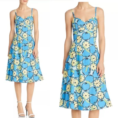VESTIDO BOUTIQUE MOSCHINO ESTAMPA LIMÃO AZUL AMARELO ALGODÃO SAIA LINHA A IT 40 EUA 6 - Imagem 1 de 4