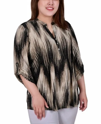 Camiseta NY Collection feminina plus 3/4 rolo aba manga gola Y cáqui Chev tamanho 1X nova com etiquetas - Imagem 1 de 3