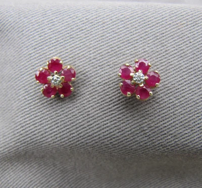 Vintage 14k gold ruby and diamond flower post stud earrings - Image 1 of 4