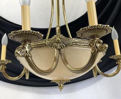 RESTORED Vtg Alabaster Chandelier 6 Arm French Empire Art Deco Ornate Brass 28"W - Image 1 of 4