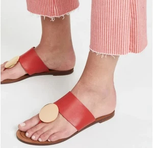 TORY BURCH Patos Disc Leather Thong Sandals Sz US 10M - Red/Gold/Brown - Picture 1 of 9