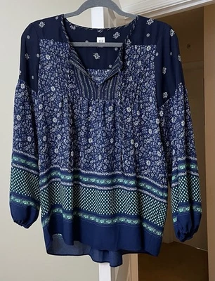 Gap Top Navy Blue Floral Coastal Gypsy Peasant Festival Bohemian Women's XS - Image 1 of 3