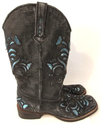Roper Distressed Black Blue Metallic Underlay Cowboy Western Boots Size 6.5 EUC - Image 1 of 4