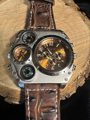 OULM 1349 Silvertone & Brown Sports Watch -  Time Compass Temp Dual Time Chrono - Image 1 of 4