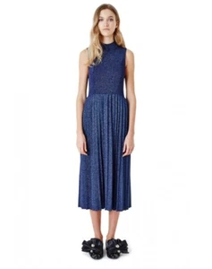 Abito Carven S blu navy argento metallizzato maglione maglia finto collo plissettato midi - Foto 1 di 9