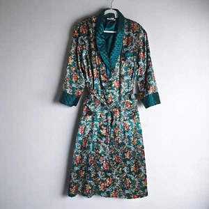 Victorias Secret Satin Robe Womens Medium Large Green Floral Housecoat 90s VTG - Picture 1 of 9