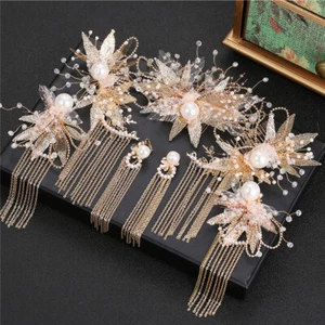 Vintage Chinese Step Shaking Tassel Hair Clip Earring Set Wedding Hair Jewelry - Picture 1 of 9