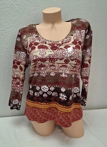 Rebecca Malone braun rot Nieten Ausschnitt Langarm Bluse Top Große L - Bild 1 von 7