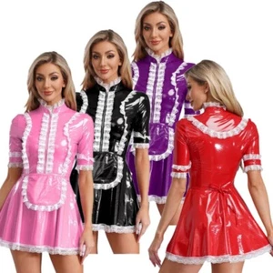 Women's PVC Leather French Maid Mini Bodycon Tutu Dress Cosplay Costume - Picture 1 of 46