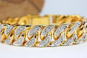 Impresionante Pulsera CURB LINK 7 5/8" CIRCONITA CÚBICA Oro 24K GP Joyería Hecha a Mano Tailandesa GT27 - Imagen 1 de 7