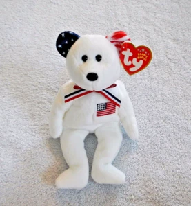 AMERICA WHITE BEAR - BLAUES RECHTES OHR - TY STORE BEANIE BABY - WUNDERSCHÖNER BÄR - Bild 1 von 12