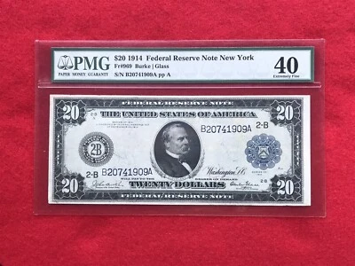 FR-969 1914 Series $20 New York Federal Reserve Note "Burke-Glass *PMG 40 XF* - Image 1 of 2