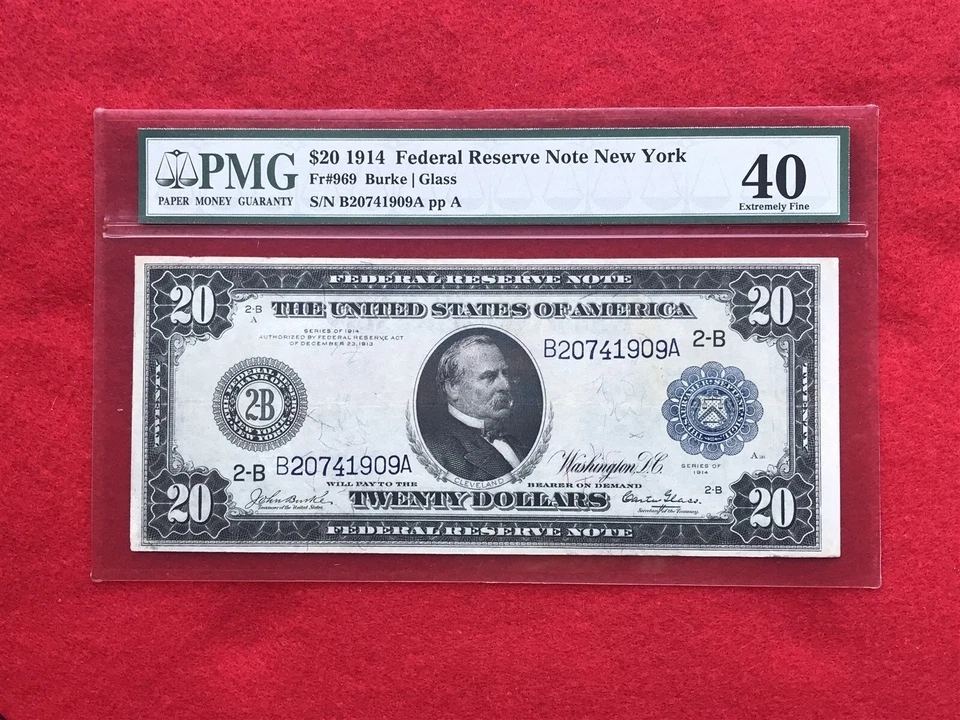 FR-969 1914 Series $20 New York Federal Reserve Note "Burke-Glass *PMG 40 XF* - Image 1 of 2