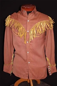 VINTAGE 1940'S-1950'S RUST BROWN GABARDINE COWBOY SHIRT BUCKSKIN FRINGE SIZE SM - Picture 1 of 1