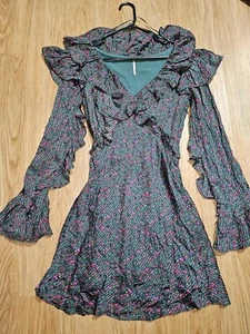 FREE PEOPLE SWEETEST THING RUFFLE GREEN FLORAL MINI DRESS S.6 - Picture 1 of 10