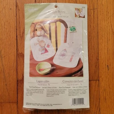 Bucilla SNUGGLE BUNNY Bib Set of 2 Stamped Cross Stitch Kit Gift - Image 1 of 4