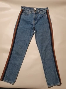 H&M Jeans Womens US10 Straight H/Waist Blue Wash D/BLUE & TAN STRIPE LEG - Picture 1 of 10