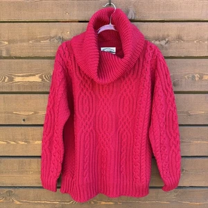 Neu ohne Etikett Aran Crafts Irland 100 % Merinowolle Zopfmuster Trichterkragen Pullover XL rot - Bild 1 von 6