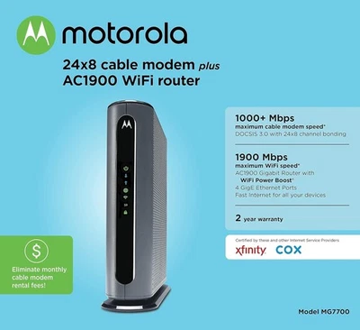 Motorola MG7700 Modem WiFi Router Combo with Power Boost | Approved by Comcast X - Image 1 of 4