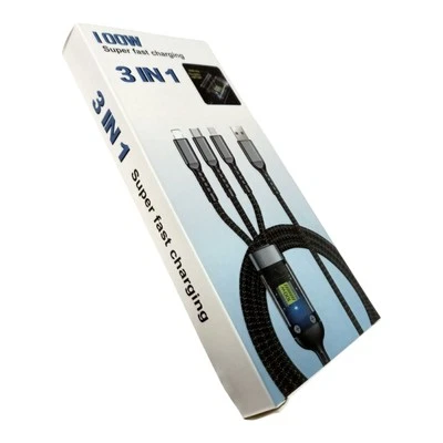 100W 3 in 1 Super Charging Cable 6A Micro USB Type C Fast Charger Type-C Cable D - Image 1 of 4