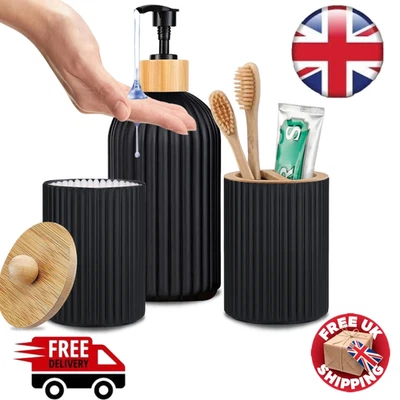 Modern Black Bathroom Set Soap Dispenser Toothbrush Cotton Storage Bamboo - Image 1 of 4
