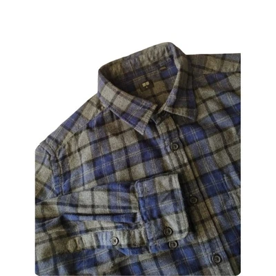 Camisa Uniqlo Franela Abotonada Hombres XL Azul A Cuadros Manga Larga Suave Algodón Preppy Foto 1 de 4