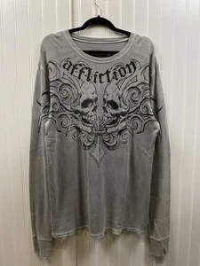 Vintage Y2K Affliction Thermal Longsleeve Men’s XL Grey Cyber Skulls Grunge - Bild 1 von 10