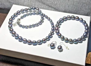 Sterling Silver Dyed Black FWC Pearl Ringed Oval Jewelry Set - Neck/Ear/Bracelet - Imagen 1 de 20