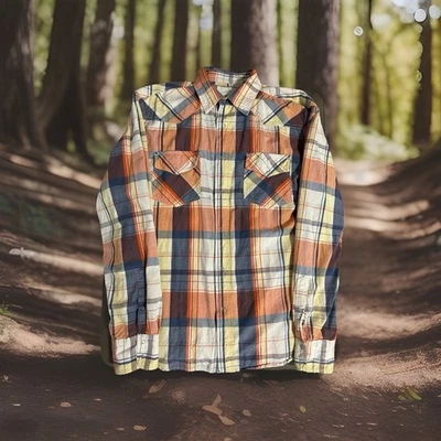 Ditch Plains Chambray 西部衬衫 XL 红色黄色多格子扣 100% 棉 — 第 1/4 张图片