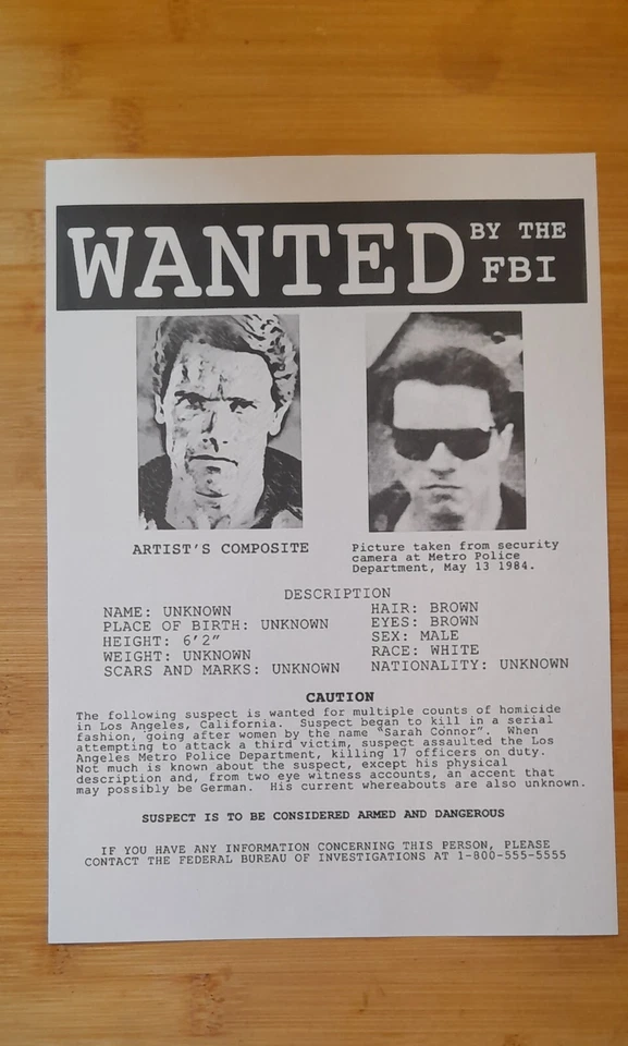 Terminator 2 -Wanted Poster  Replica Prop   - Image 1 of 1