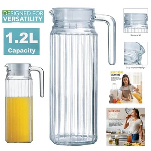 2x Glass Jug Ribbed Pitcher with Lid Fridge Water Juice Lemonade Drinkware 1.2L - Picture 1 of 16
