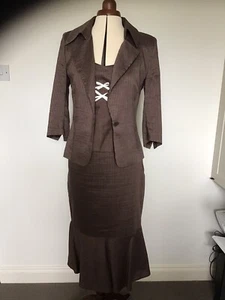 Luis Civit Brown With White Pinstripe Linen, Jacket, Skirt, Camisole Size 14. - Picture 1 of 4