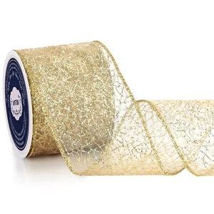 Enchantment Glitter Wired RibbonGold Organza Sheer Ribbon with Gold Metallic ... - Picture 1 of 2