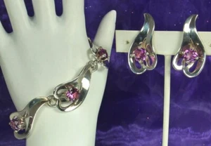 RANCHO ALEGRE TAXCO Set 1960s Mexico Sterling PURPLE SPINEL Bracelet Earrings - Picture 1 of 12