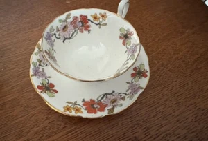 Vintage AYNSLEY Tea Cup & Saucer White with Floral Border, Gold Trim - Picture 1 of 4