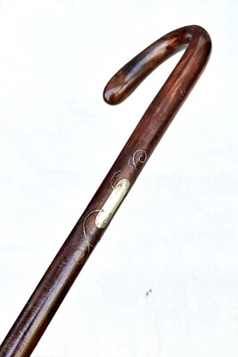 Vintage Antique Silver Inlay Wood Metal Tip Crook Handle Walking Stick Cane 35”L - Image 1 of 4