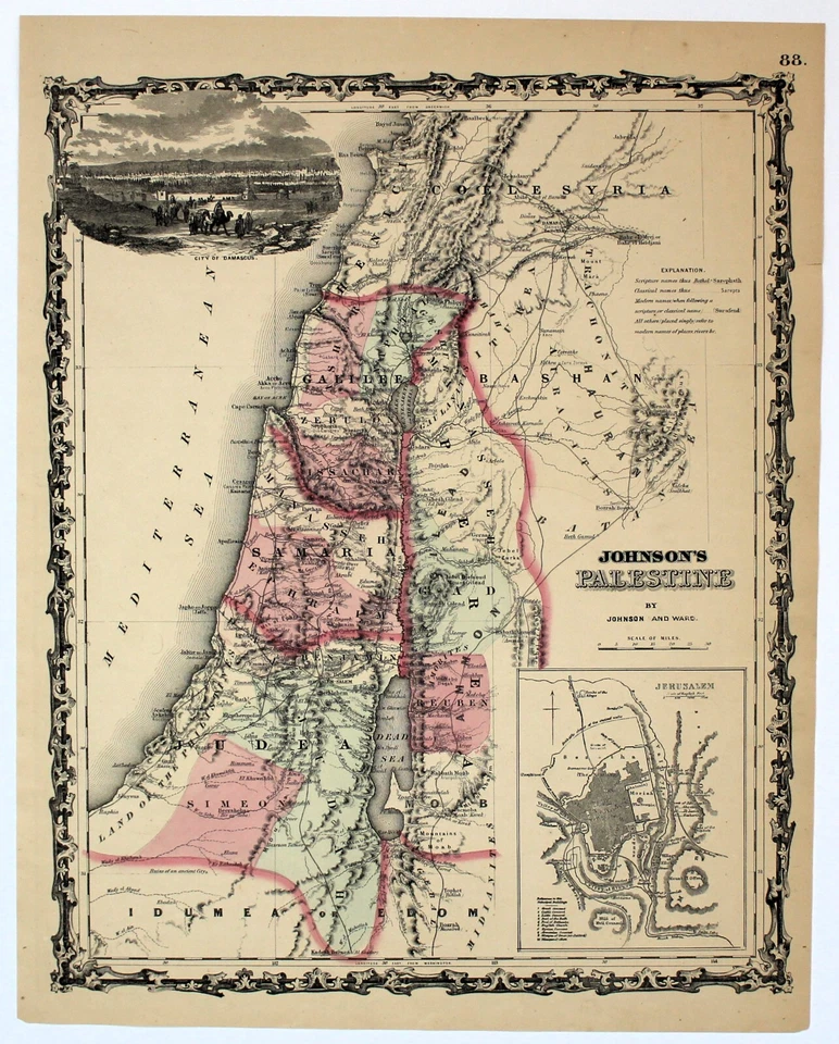 CIUDAD "PALESTINA" DE DAMASCO, JERUSALÉN Antiguo mapa original coloreado a mano 1860 Foto 1 de 1