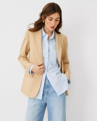 NEW ANN TAYLOR $198 TAN BI-STRETCH TWILL LONGLINE BLAZER SZ 00P 00 PETITE - Image 1 of 2