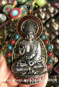 Tibet Buddhism Bronze Turquoise Silver Shakyamuni Amitabha Buddha Pendant A002 - Picture 1 of 4