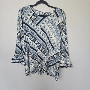 Karl Lagerfeld Paris Womens 1X Blouse Blue Paisley Ruffle Bell 3/4 Sleeve Top - Picture 1 of 11