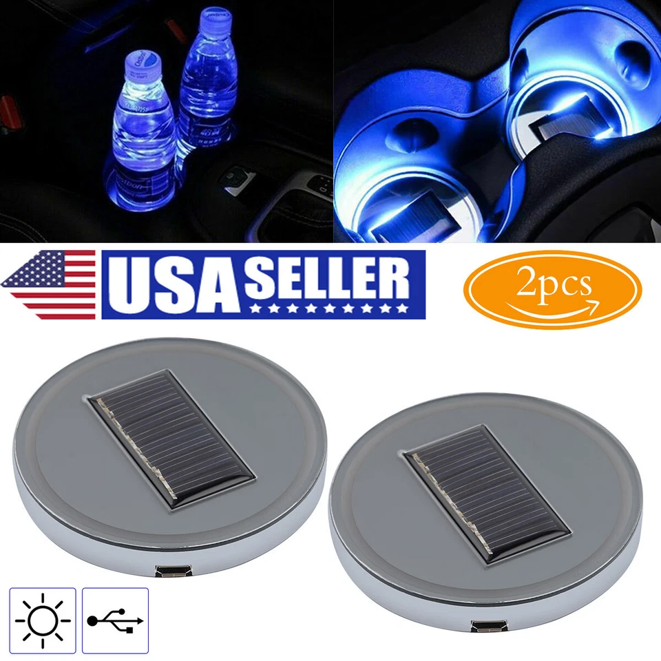 2pc LED Solar Cup Pad Car Light Cover 7-Colors Decoration Car Light Accessories - Image 1 of 4