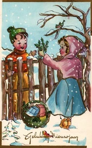 Buon anno ragazzo e ragazza cartolina d'epoca 09.87 - Foto 1 di 2