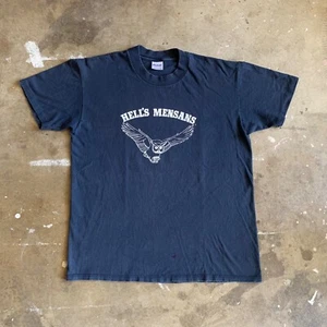 80s VINTAGE HELL'S MENSANS T-SHIRT HELLS ANGELS BIKER CLUB PARODY MEN SZ L MENSA - Picture 1 of 6