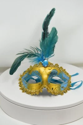 Carnival/Festival Venetian Style Feather String Tie Masquerade Mask Gold /Teal - Image 1 of 4