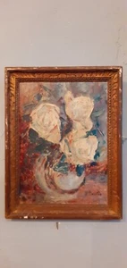 Huile sur panneau année 40 Bouquet de roses blanches signée Suzanne Sardin - Picture 1 of 6