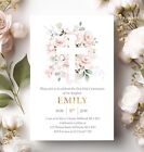 10 FIRST HOLY COMMUNION INVITATIONS - PRETTY BLUSH PINK ROSES FLORAL CROSS GIRLS