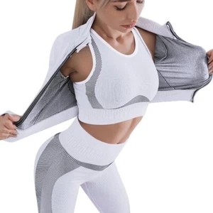 Women Sleeve Yoga Long Set Zipper Top Sport Suit Bra Workout Clothes Gym Fitness - Picture 1 of 11
