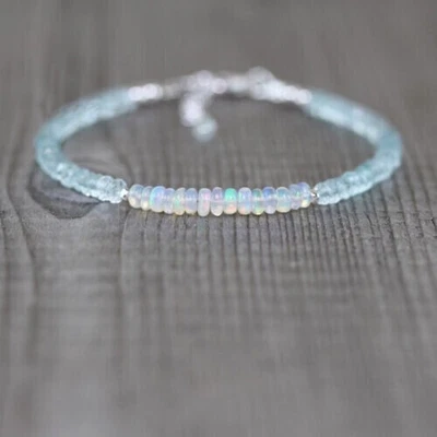 Bracciale originale etiope Welo opale di fuoco + acquamarina 3-4 mm con... - Immagine 1 di 4