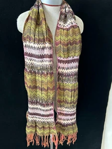 Wet Seal warm scarf 80 x 10 fringe green brown orange stretch pleats - Picture 1 of 5