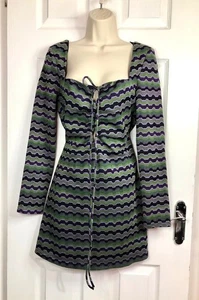 Zara Green & Purple Metallic Zig Zag Patterned Long Sleeve Mini Dress Size 14 uk - Picture 1 of 13
